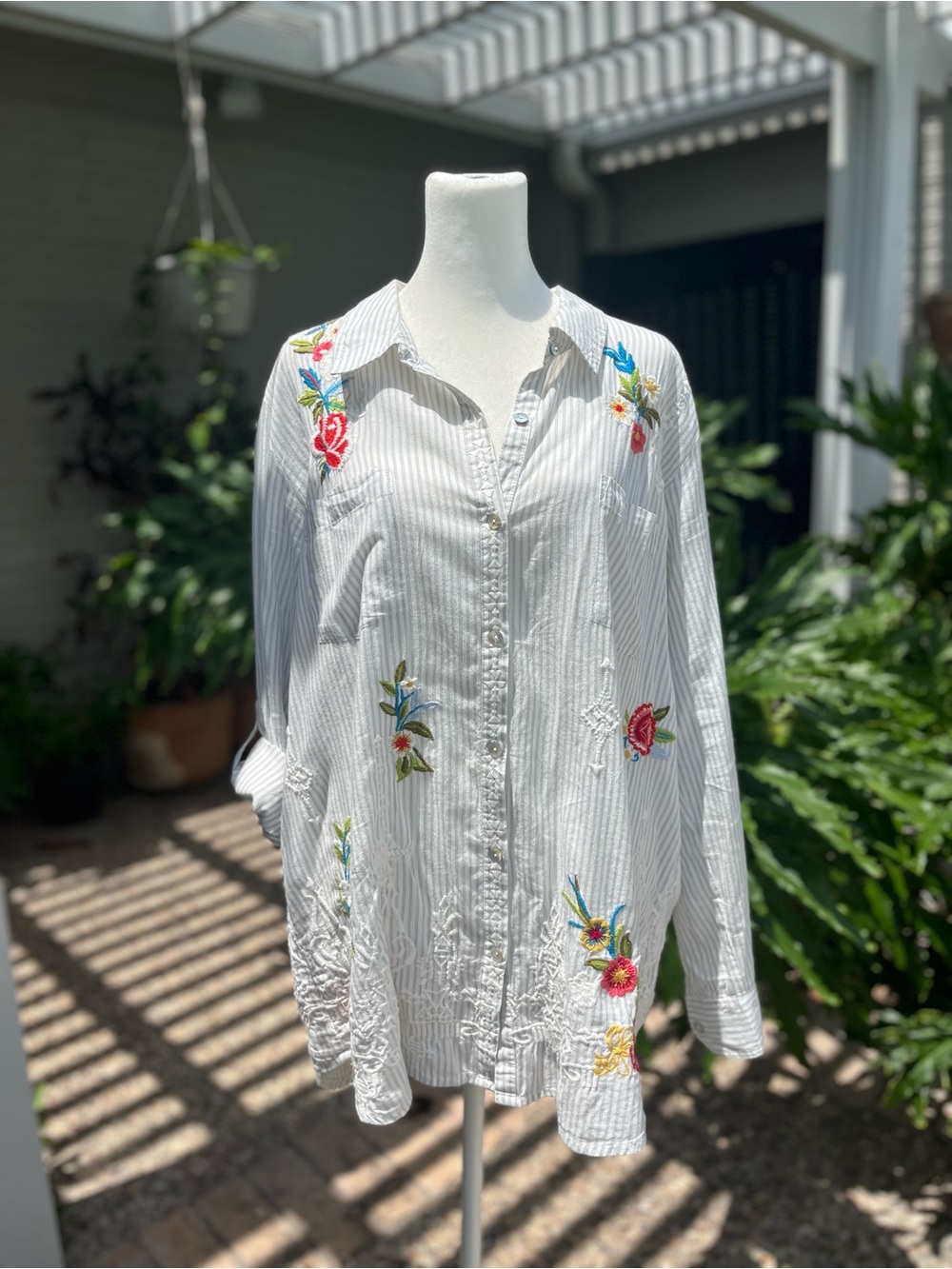 Kyla Seo Striped  Embroidered Long Sleeve Top Size Medium